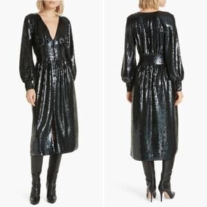 NWT Joie‎ Black Sequin Kyria Midi Dress Long Sleeves Button Front V-Neck, Size 4